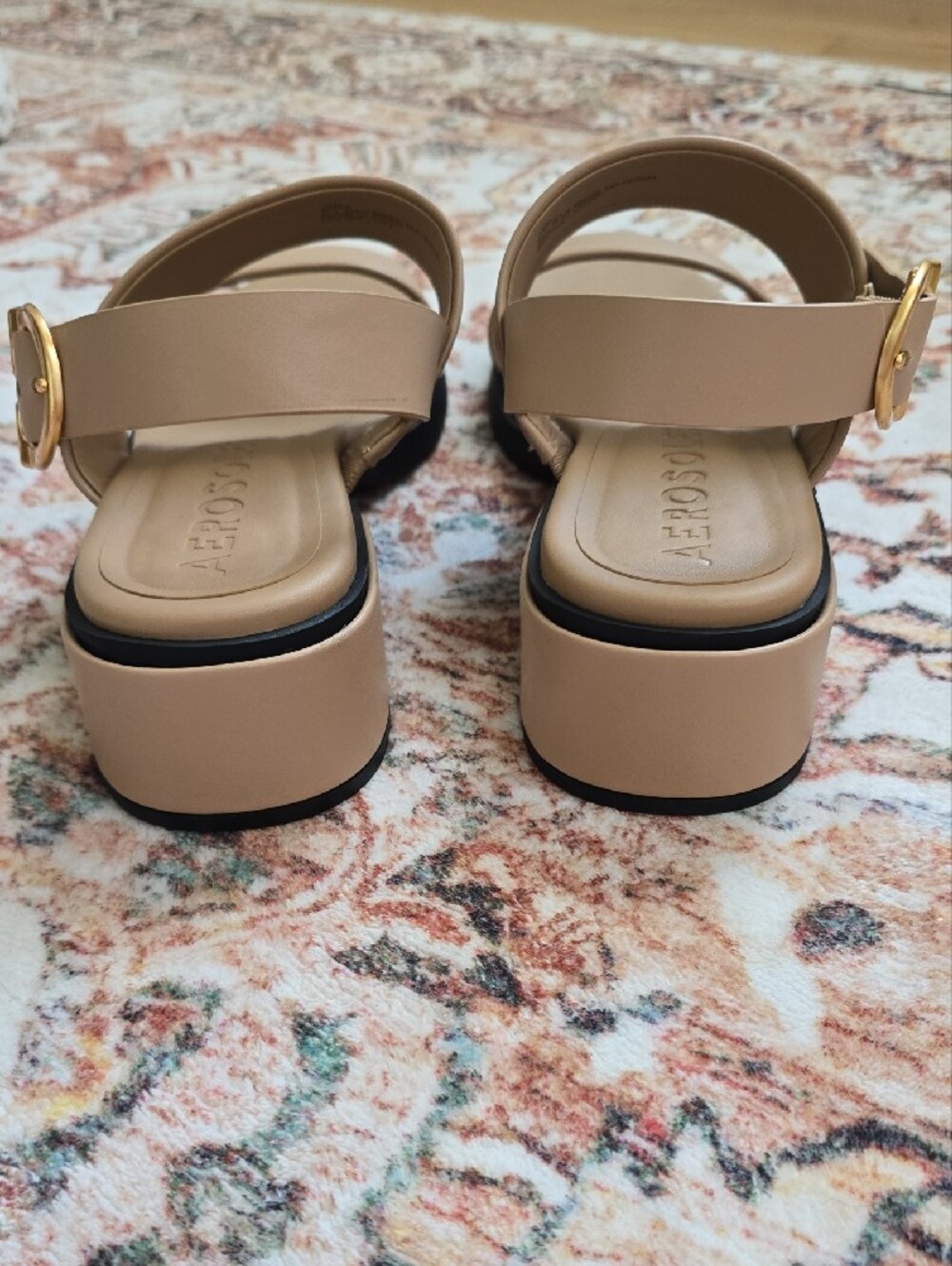 NWOT AEROSOLES Dove Sandals Double-Strap Block Heel Gold Buckle Natural Beige 10 - Picture 6 of 7